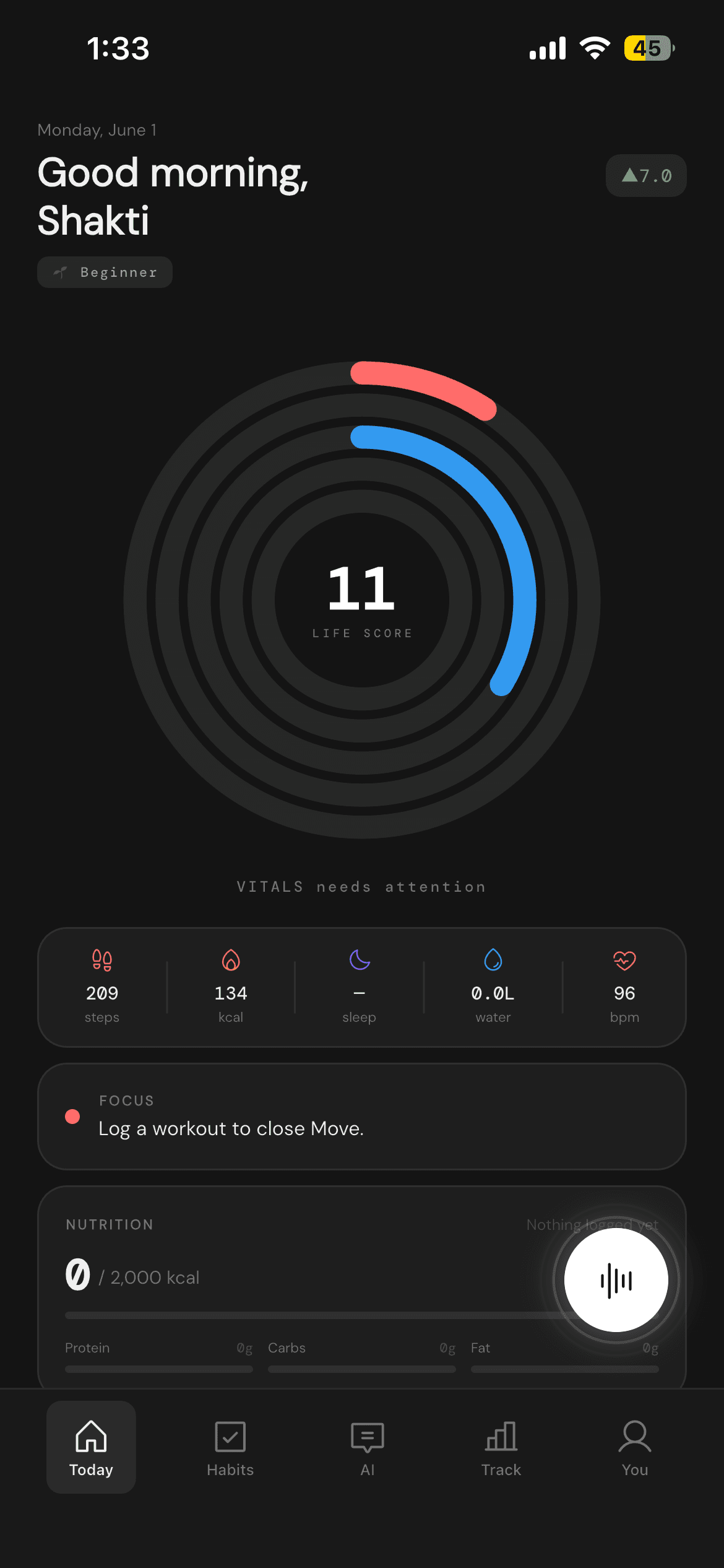 Steady dashboard with Life Score and vitality rings